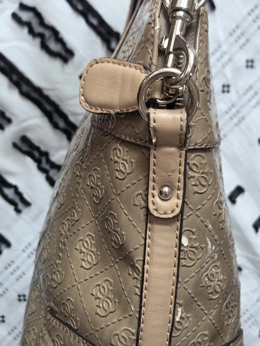 GUESS Reiko Small Dome Satchel Crossbody Bag - Taupe / Tan Monogram
